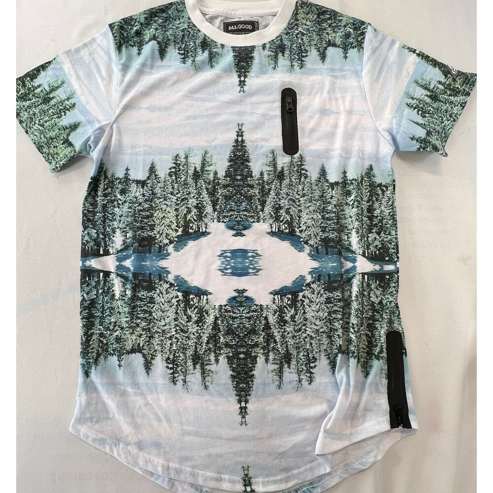 All Good Men Small Tree Outdoor Scenery Zipper Chest Pocket Short Sleeve T-Shirt